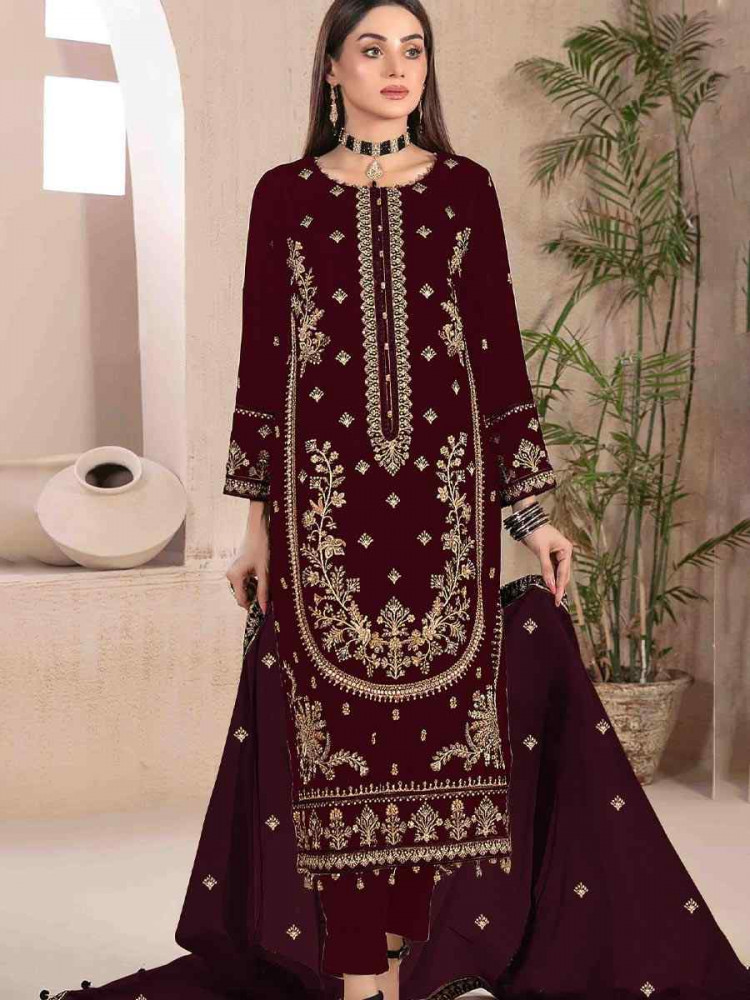 Maroon Velvet Embroidered Festival Wedding Pant Salwar Kameez