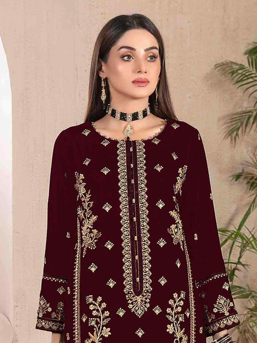 Maroon Velvet Embroidered Festival Wedding Pant Salwar Kameez