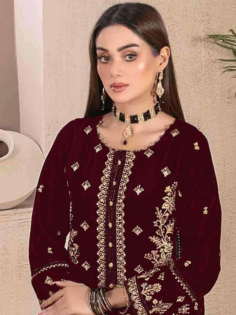 Maroon Velvet Embroidered Festival Wedding Pant Salwar Kameez