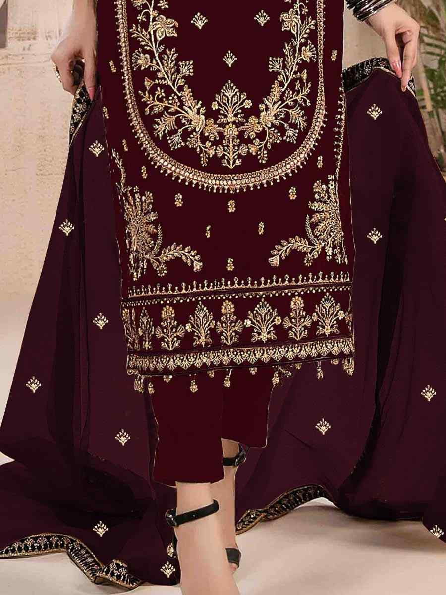 Maroon Velvet Embroidered Festival Wedding Pant Salwar Kameez