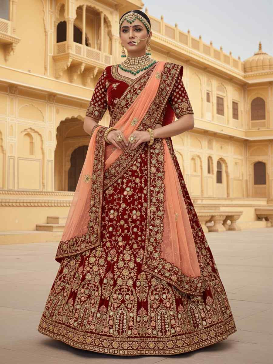 Maroon Velvet Embroidered Wedding Reception Festival Heavy Border Lehenga Choli