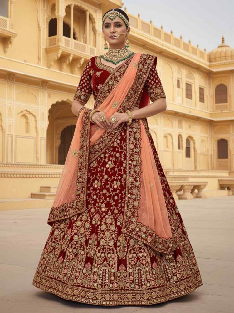 Image of Maroon Velvet Embroidered Wedding Reception Festival Heavy Border Lehenga Choli