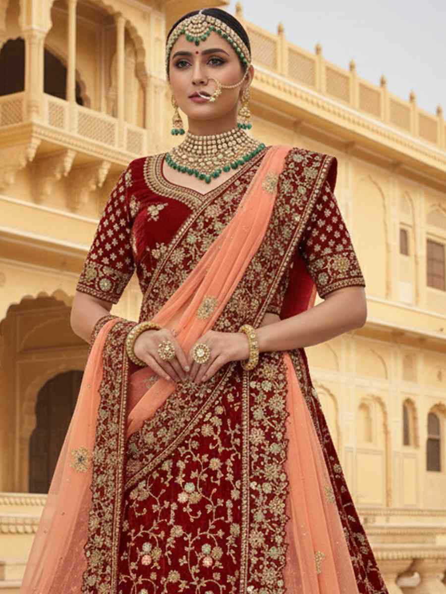 Maroon Velvet Embroidered Wedding Reception Festival Heavy Border Lehenga Choli