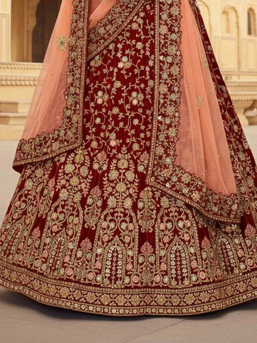 Maroon Velvet Embroidered Wedding Reception Festival Heavy Border Lehenga Choli