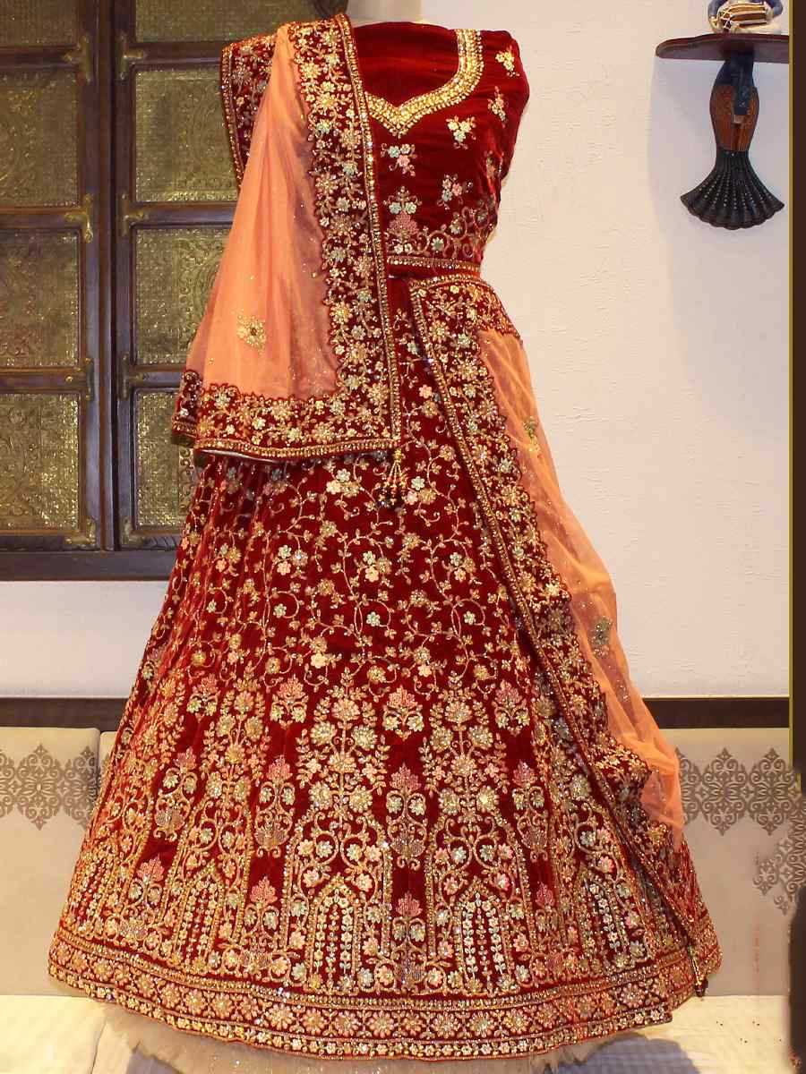 Maroon Velvet Embroidered Wedding Reception Festival Heavy Border Lehenga Choli