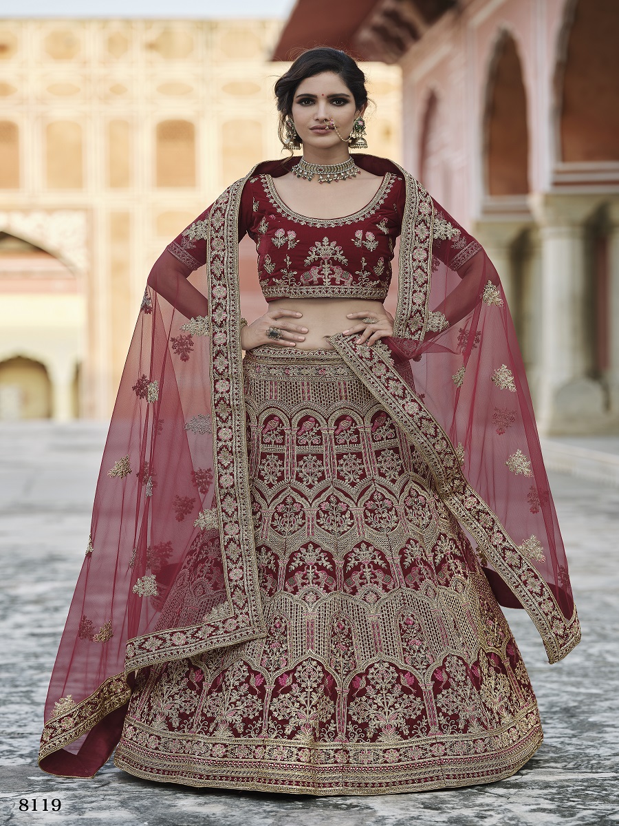Maroon Velvet Embroidery Bridal Wedding Traditional Lehenga Choli