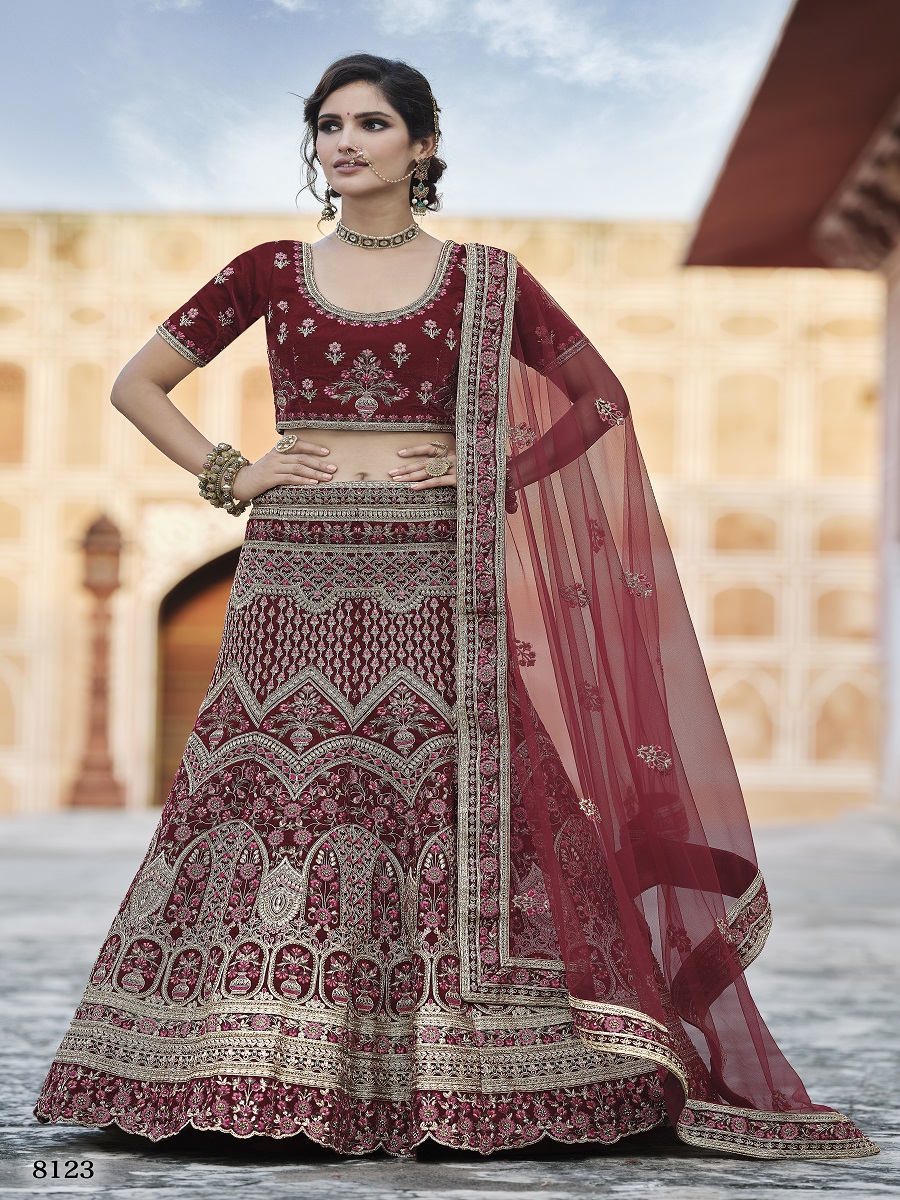 Maroon Velvet Embroidery Bridal Wedding Traditional Lehenga Choli