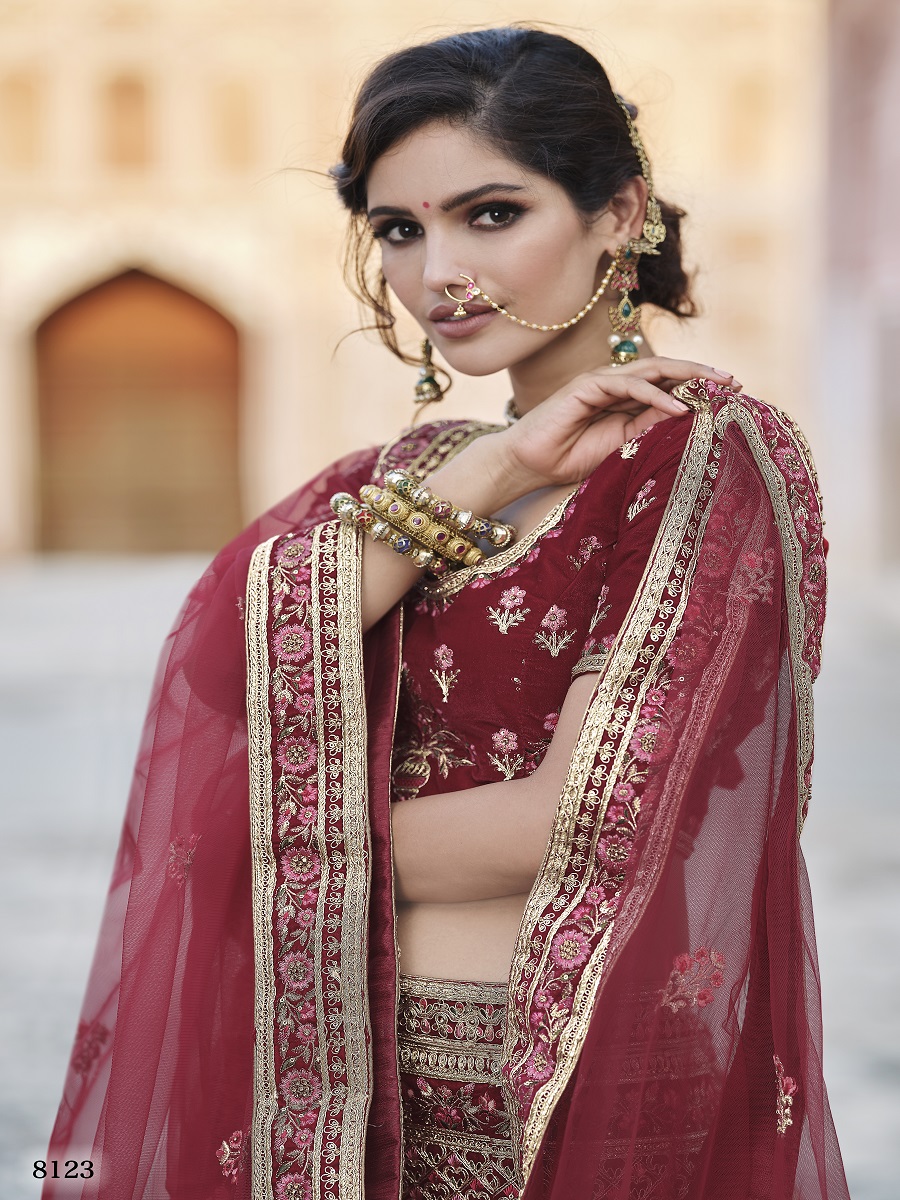 Maroon Velvet Embroidery Bridal Wedding Traditional Lehenga Choli