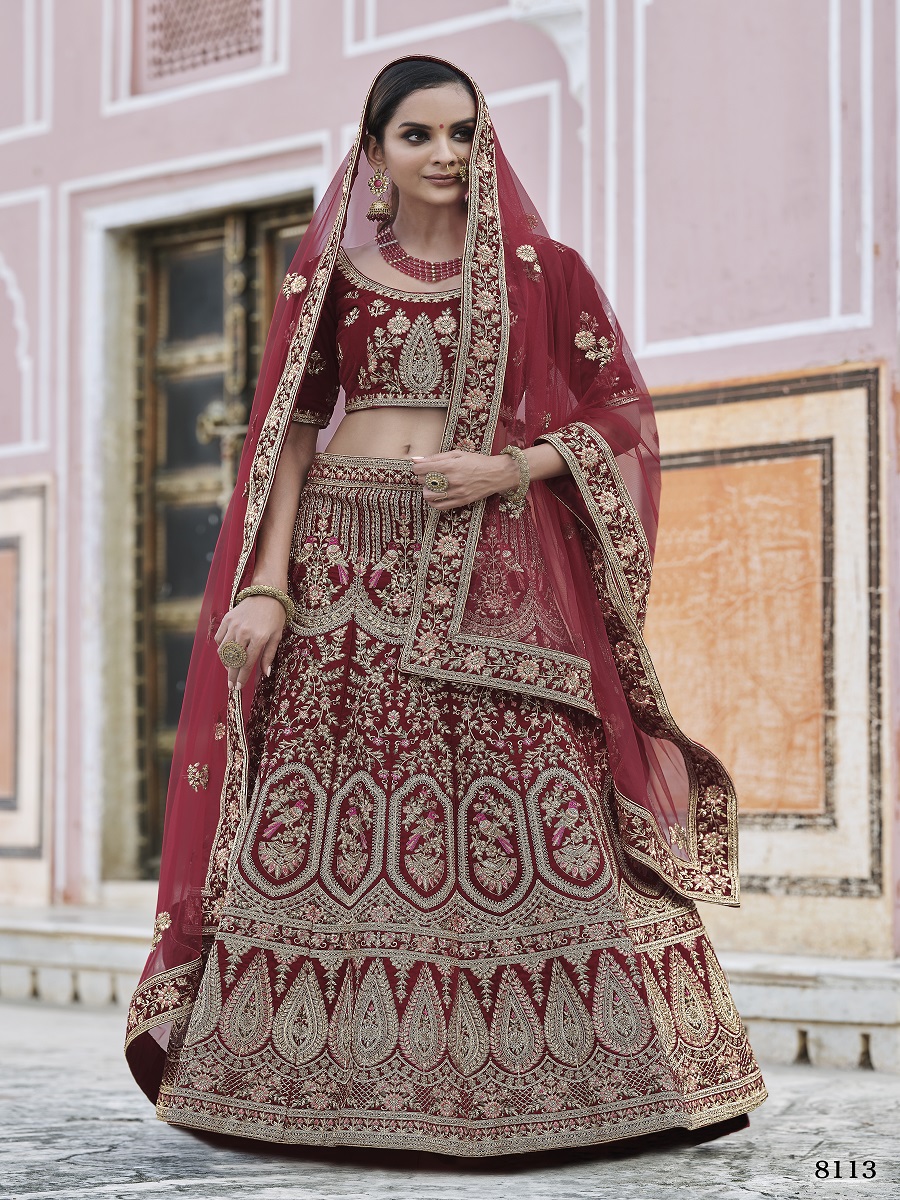 Maroon Velvet Embroidery Bridal Wedding Traditional Lehenga Choli