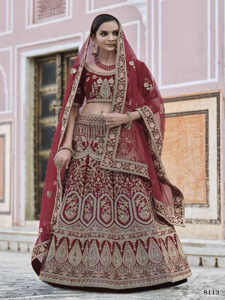 Maroon Velvet Embroidery Bridal Wedding Traditional Lehenga Choli