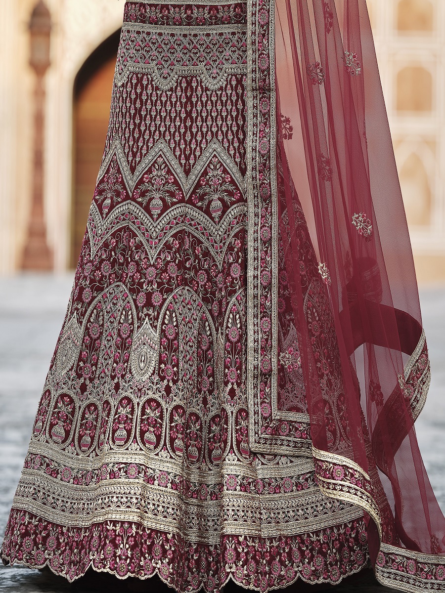 Maroon Velvet Embroidery Bridal Wedding Traditional Lehenga Choli