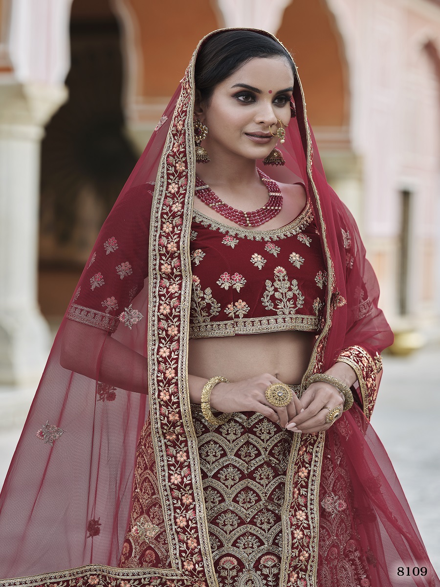 Maroon Velvet Embroidery Bridal Wedding Traditional Lehenga Choli