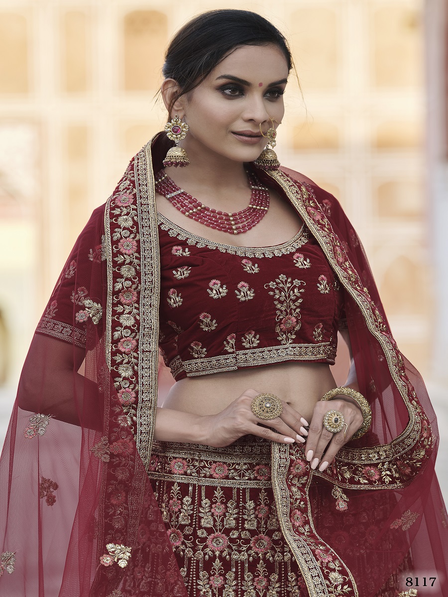 Maroon Velvet Embroidery Bridal Wedding Traditional Lehenga Choli