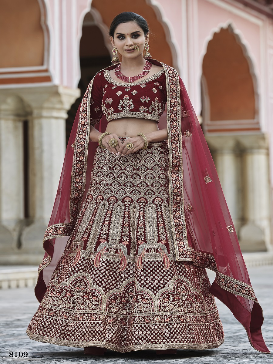 Maroon Velvet Embroidery Bridal Wedding Traditional Lehenga Choli