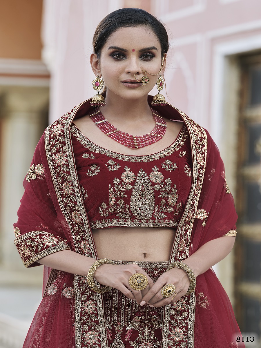 Maroon Velvet Embroidery Bridal Wedding Traditional Lehenga Choli