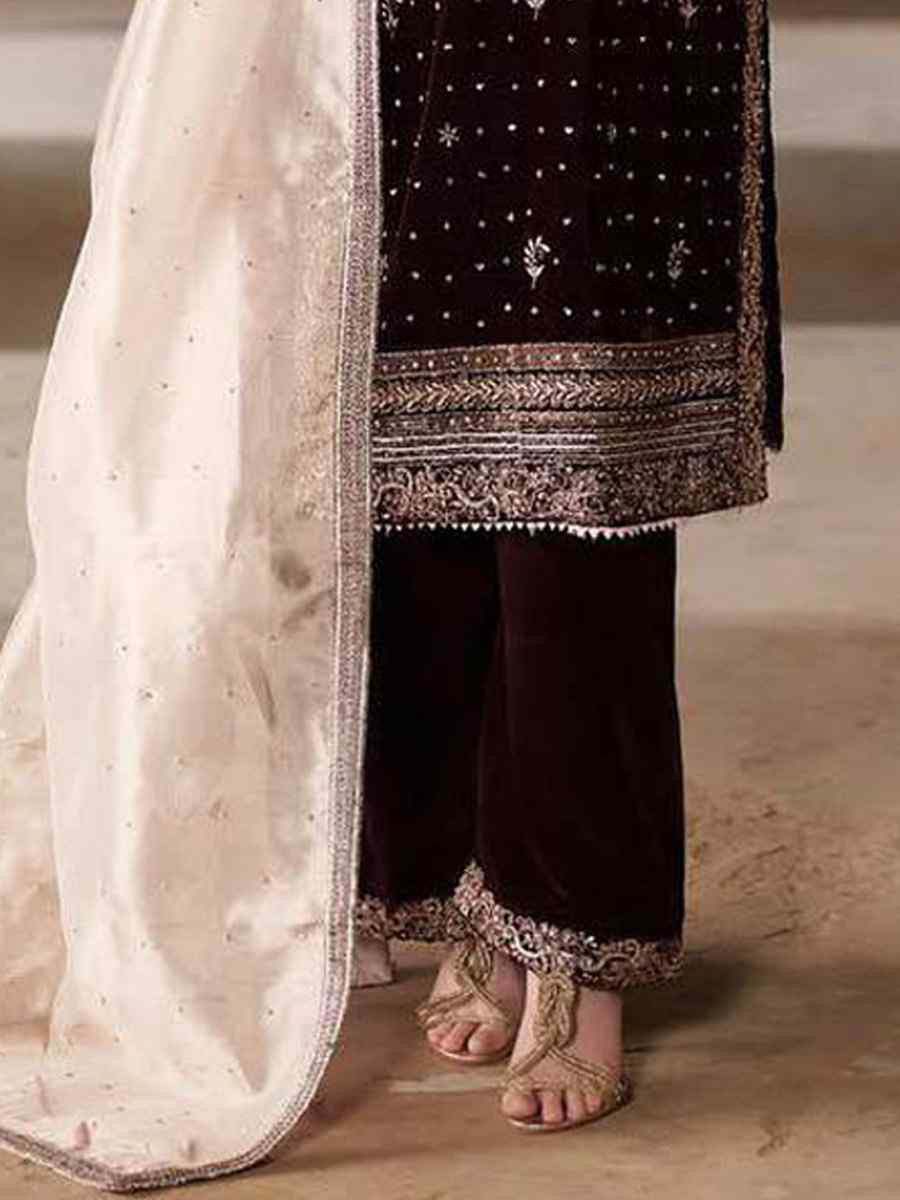 Maroon Velvet Embroidery Party Wedding Festival Casual Ready Pant Salwar Kameez