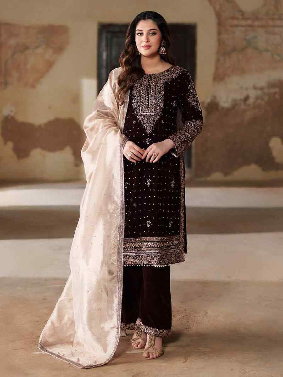 Maroon Velvet Embroidery Party Wedding Festival Casual Ready Pant Salwar Kameez