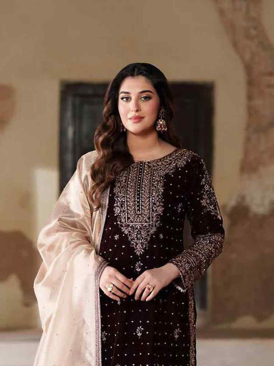 Maroon Velvet Embroidery Party Wedding Festival Casual Ready Pant Salwar Kameez