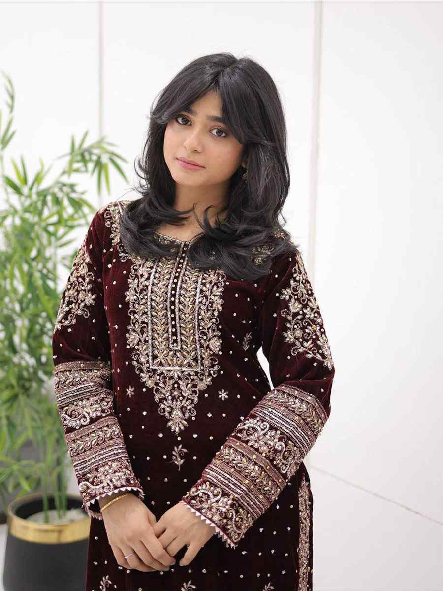 Maroon Velvet Embroidery Party Wedding Festival Casual Ready Pant Salwar Kameez