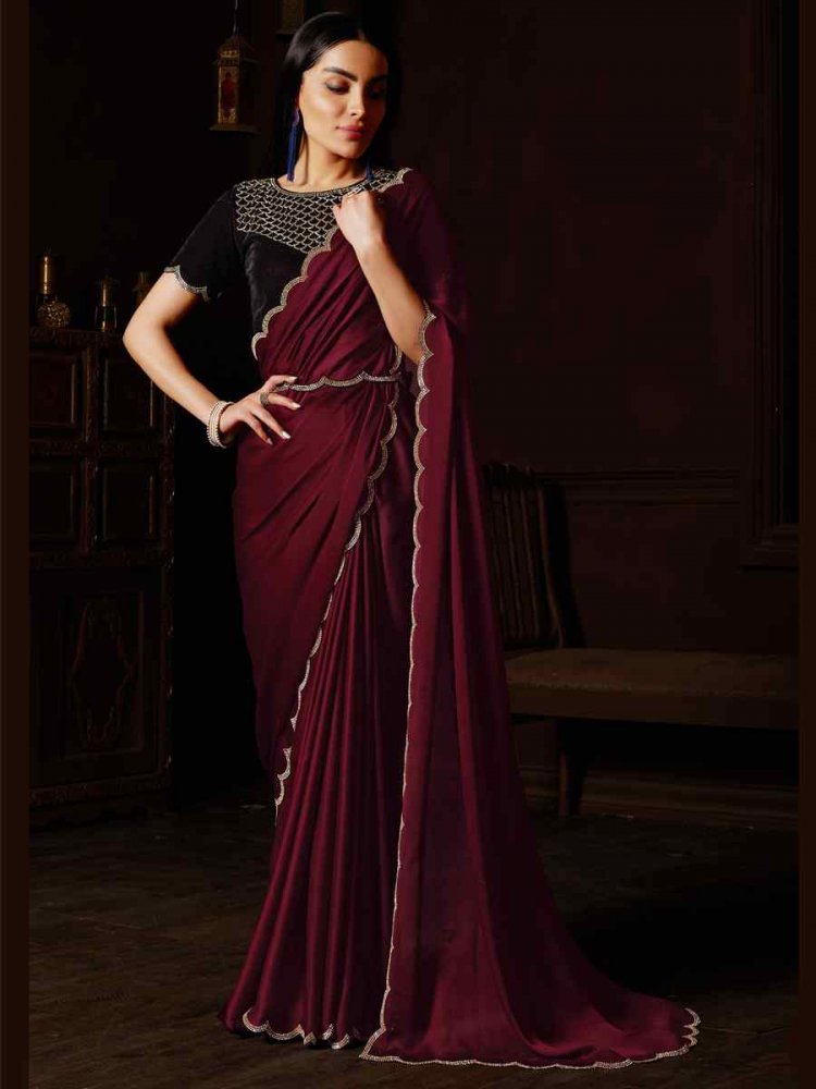 Maroon Velvet Handwoven Party Festival Classic Style Saree