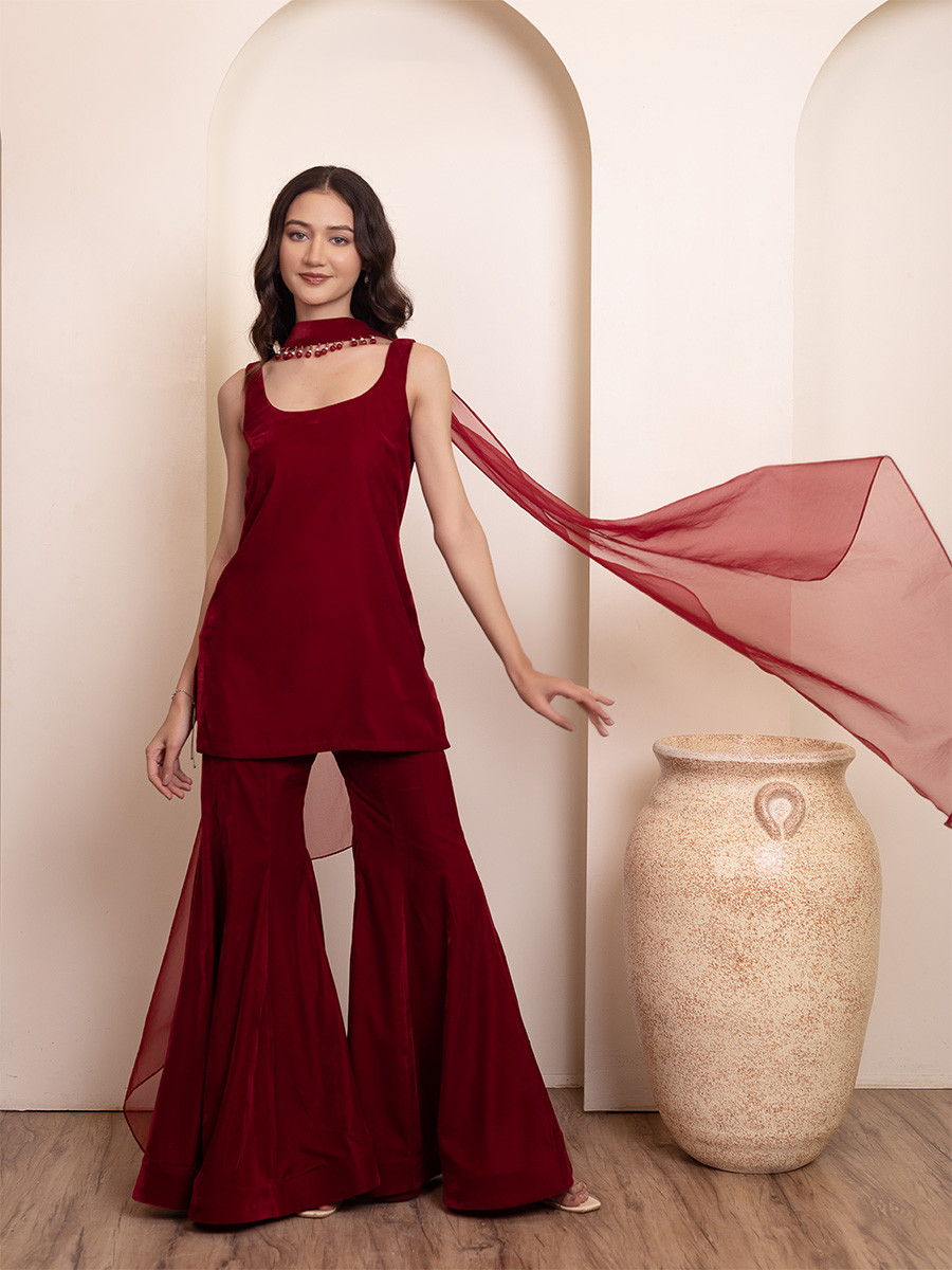 Maroon Velvet Plain Wedding Party Festival Casual Ready Sharara Pant Salwar Kameez