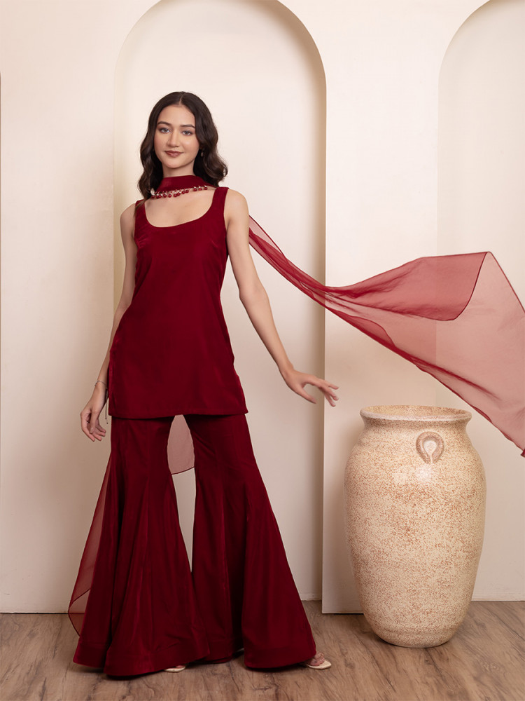 Image of Maroon Velvet Plain Wedding Party Festival Casual Ready Sharara Pant Salwar Kameez