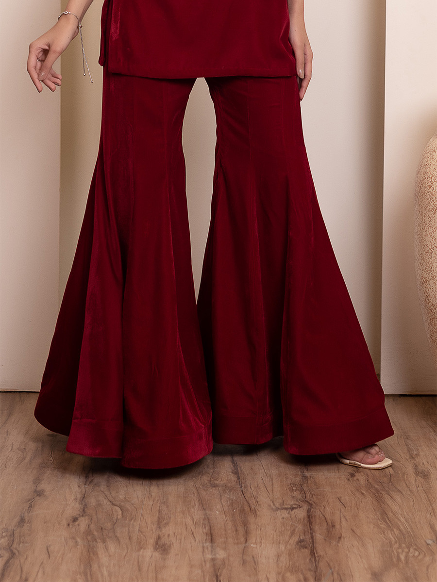 Maroon Velvet Plain Wedding Party Festival Casual Ready Sharara Pant Salwar Kameez