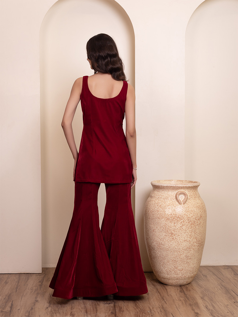 Maroon Velvet Plain Wedding Party Festival Casual Ready Sharara Pant Salwar Kameez
