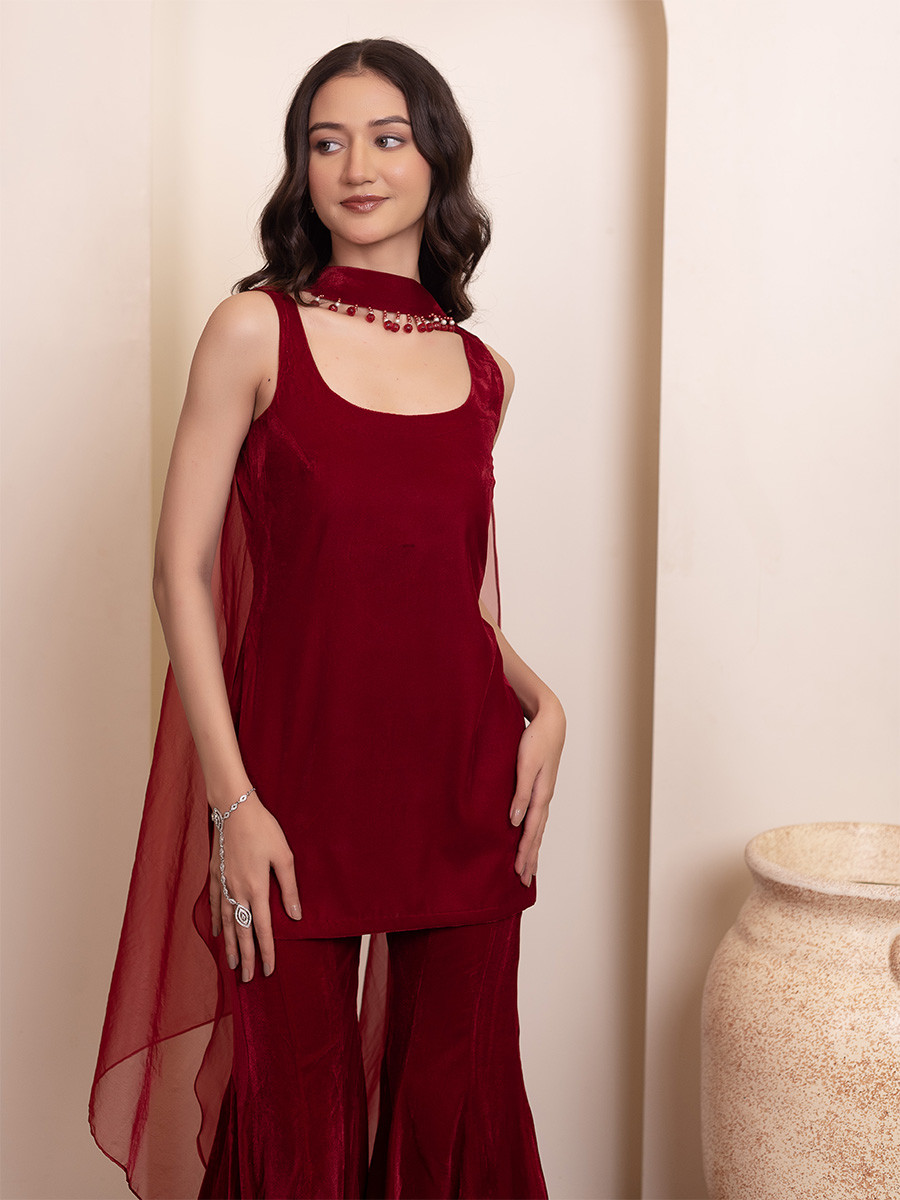 Maroon Velvet Plain Wedding Party Festival Casual Ready Sharara Pant Salwar Kameez