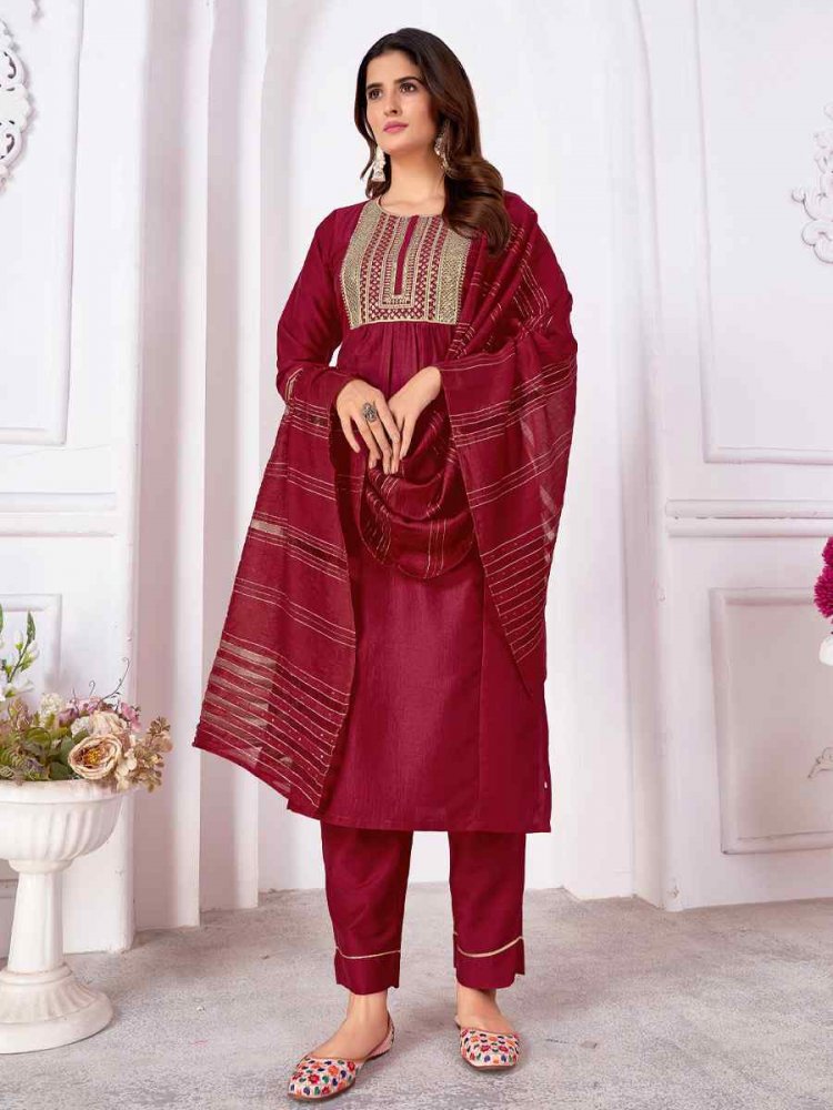 Maroon Vertical Silk Embroidered Festival Casual Ready Pant Salwar Kameez