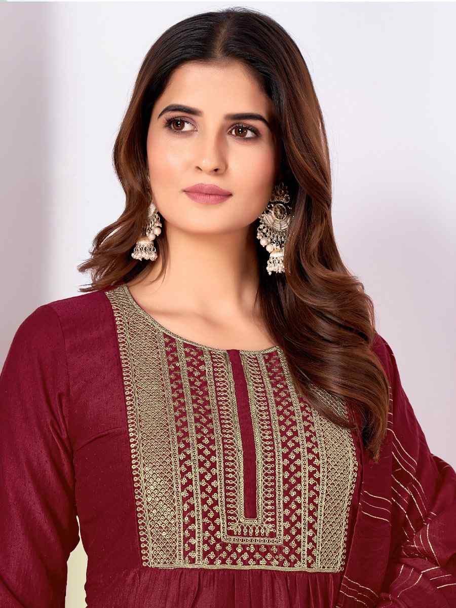Maroon Vertical Silk Embroidered Festival Casual Ready Pant Salwar Kameez
