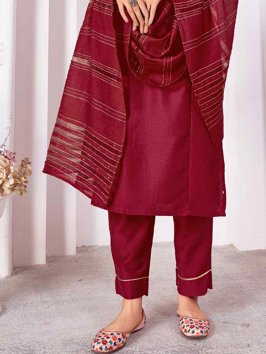 Maroon Vertical Silk Embroidered Festival Casual Ready Pant Salwar Kameez