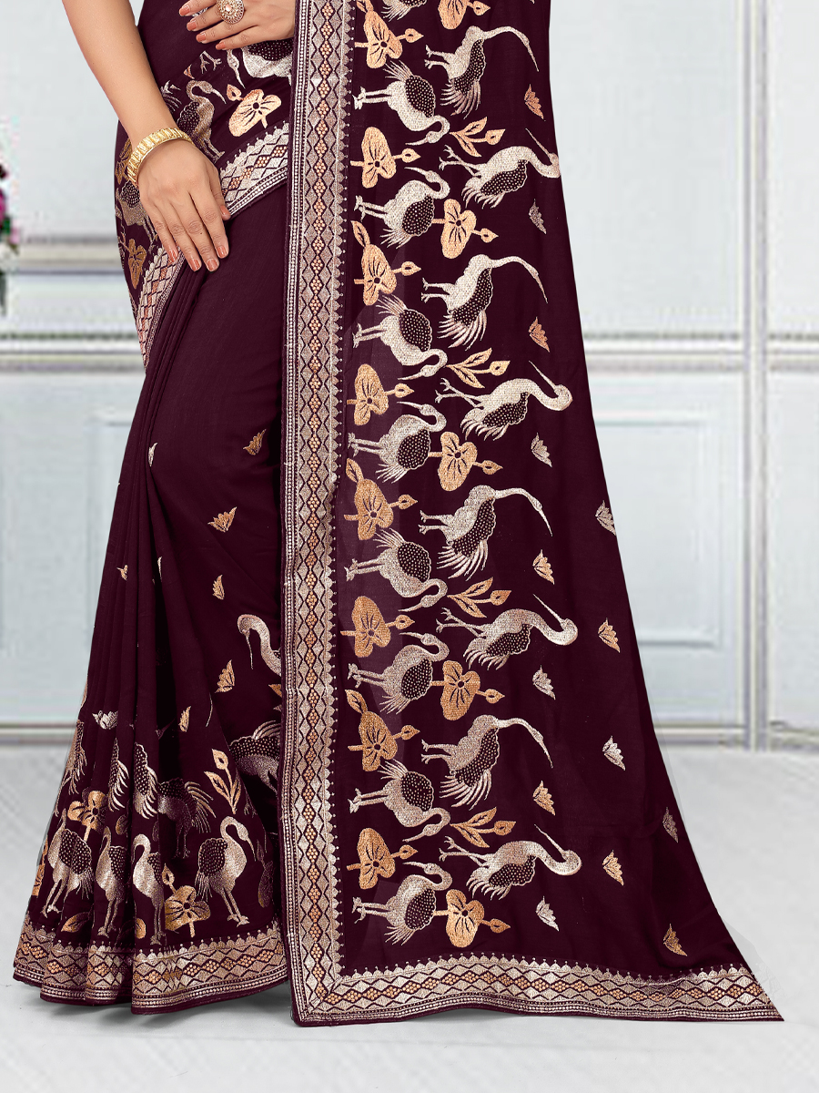Maroon Vichitra Blooming Embroidered Wedding Party Heavy Border Saree