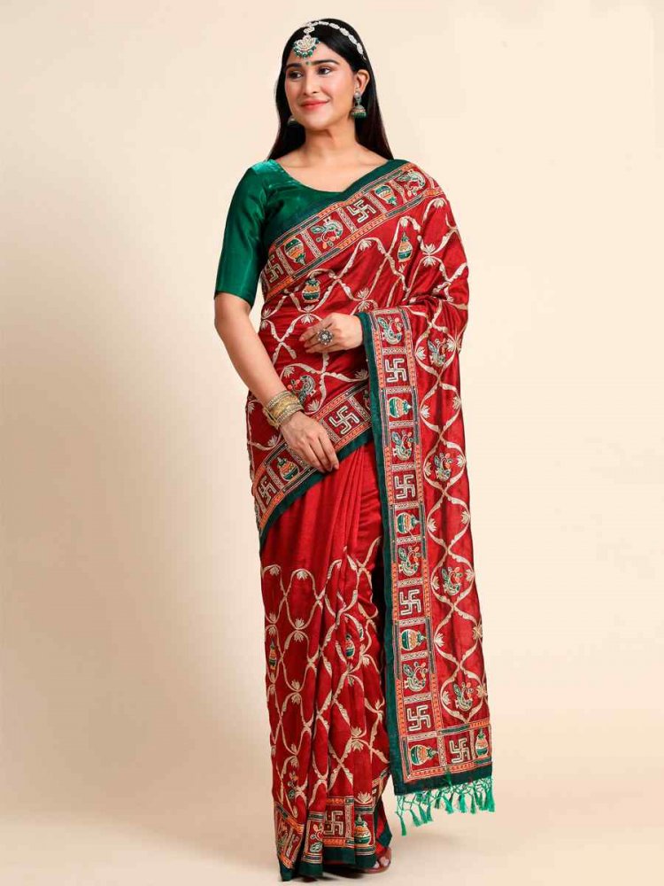 Maroon Vichitra Silk Embroidered Party Wedding Classic Style Saree