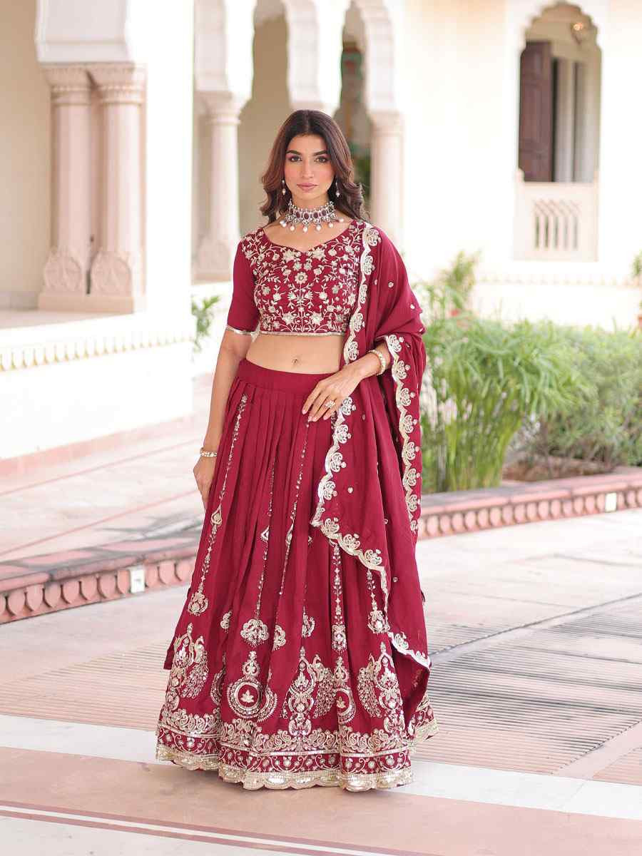 Maroon Vichitra Silk Embroidered Wedding Reception Festival Heavy Border Lehenga Choli