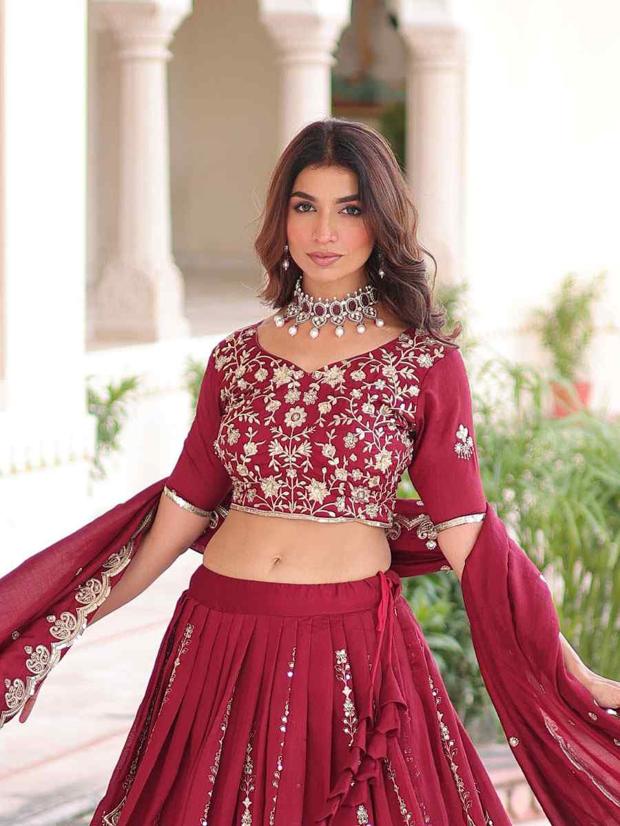 Maroon Vichitra Silk Embroidered Wedding Reception Festival Heavy Border Lehenga Choli