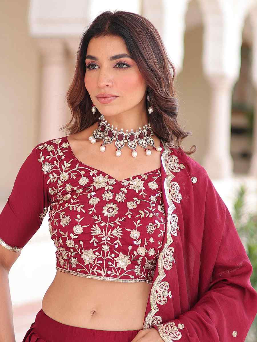 Maroon Vichitra Silk Embroidered Wedding Reception Festival Heavy Border Lehenga Choli