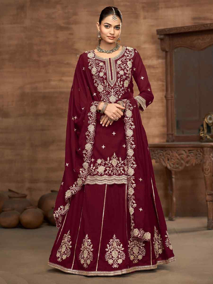 Maroon Vichitra Silk Embroidered Wedding Reception Festival Kurti Casual Ready Lehenga Choli