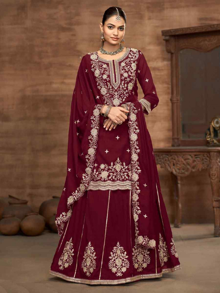 Image of Maroon Vichitra Silk Embroidered Wedding Reception Festival Kurti Casual Ready Lehenga Choli