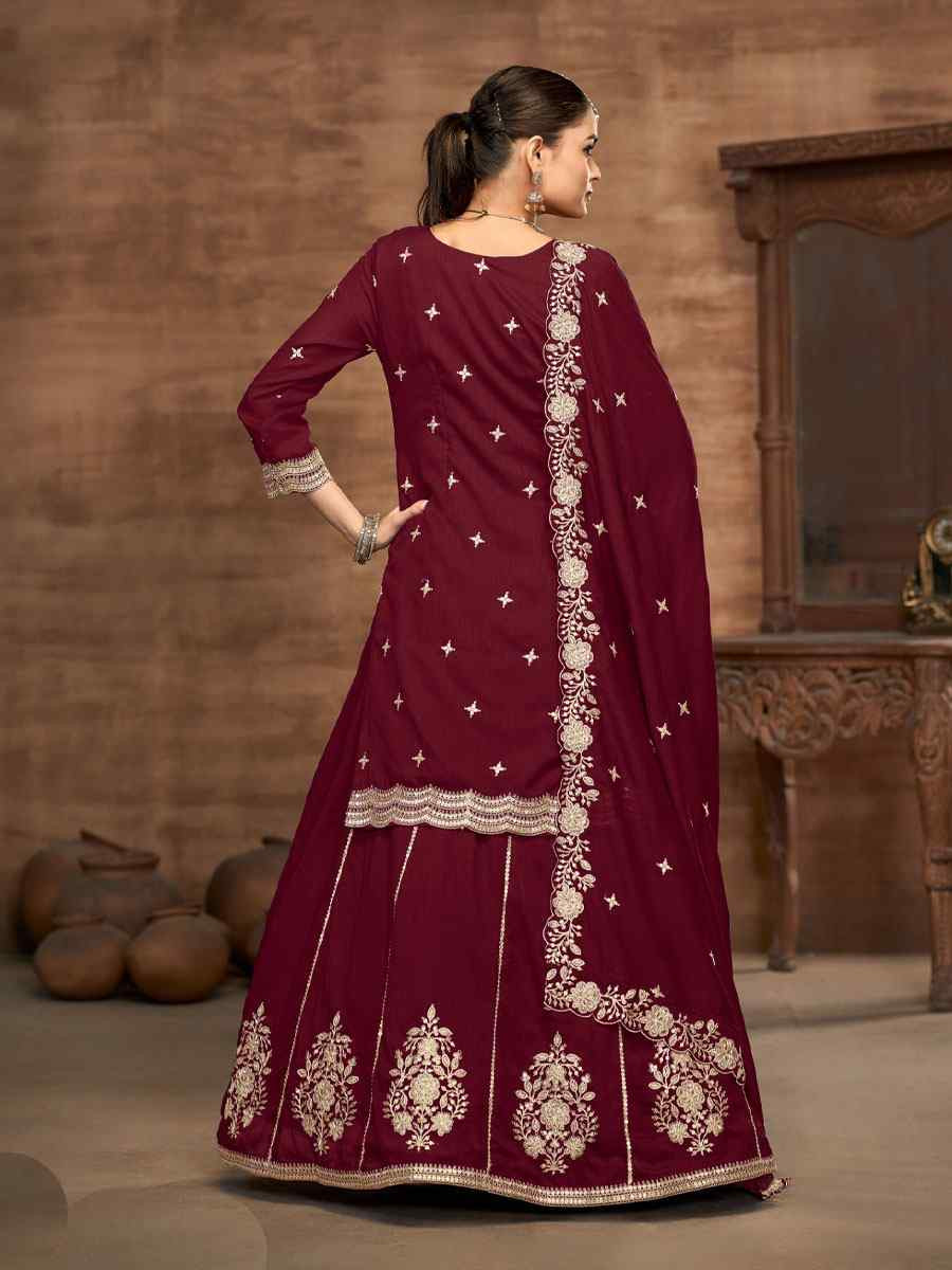 Maroon Vichitra Silk Embroidered Wedding Reception Festival Kurti Casual Ready Lehenga Choli