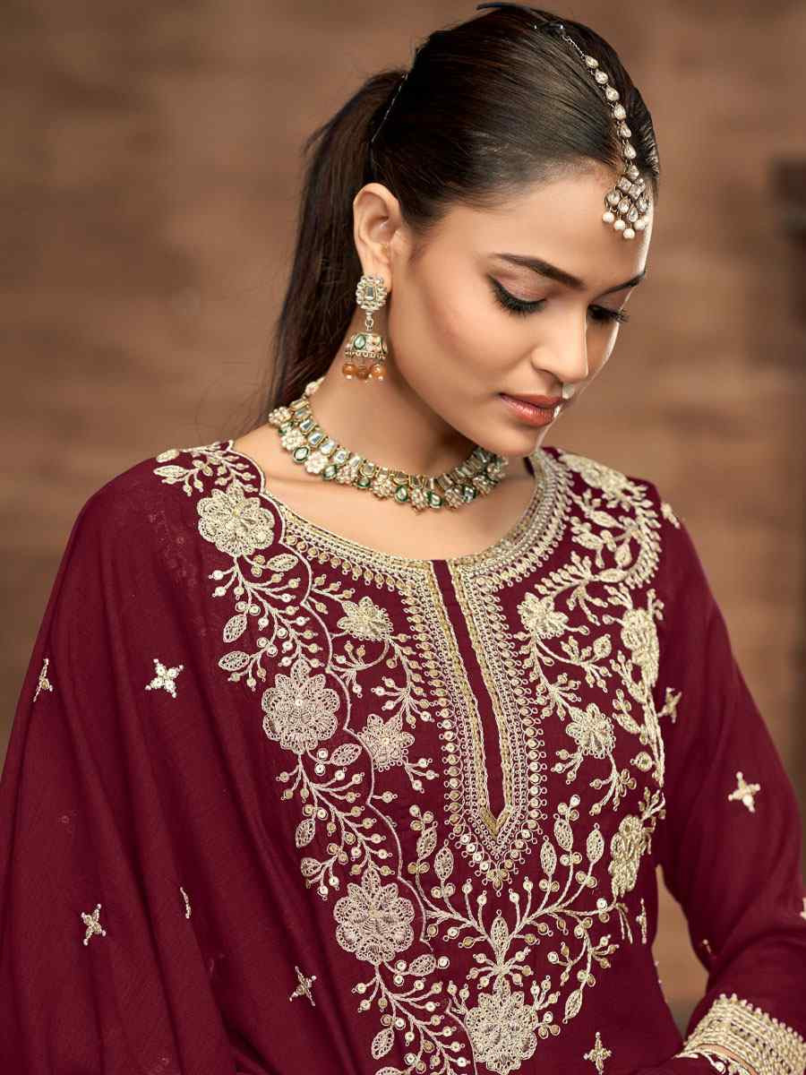 Maroon Vichitra Silk Embroidered Wedding Reception Festival Kurti Casual Ready Lehenga Choli