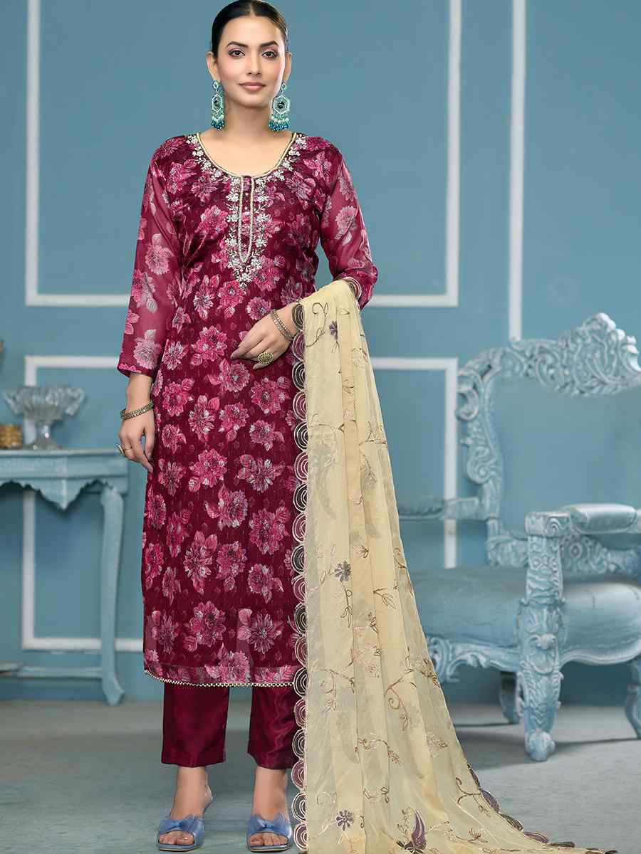 Maroon Viscose Banarasi Embroidered Wedding Festival Pant Salwar Kameez