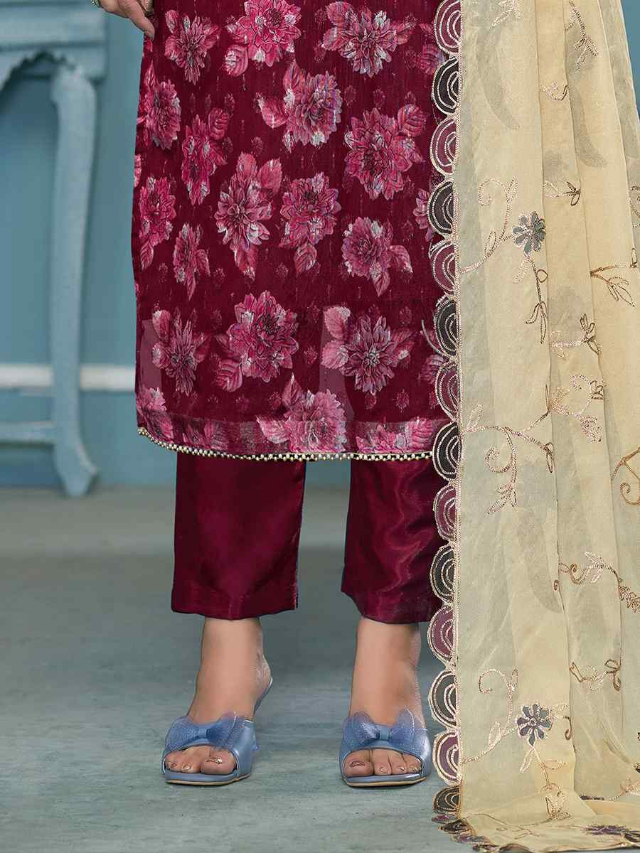 Maroon Viscose Banarasi Embroidered Wedding Festival Pant Salwar Kameez
