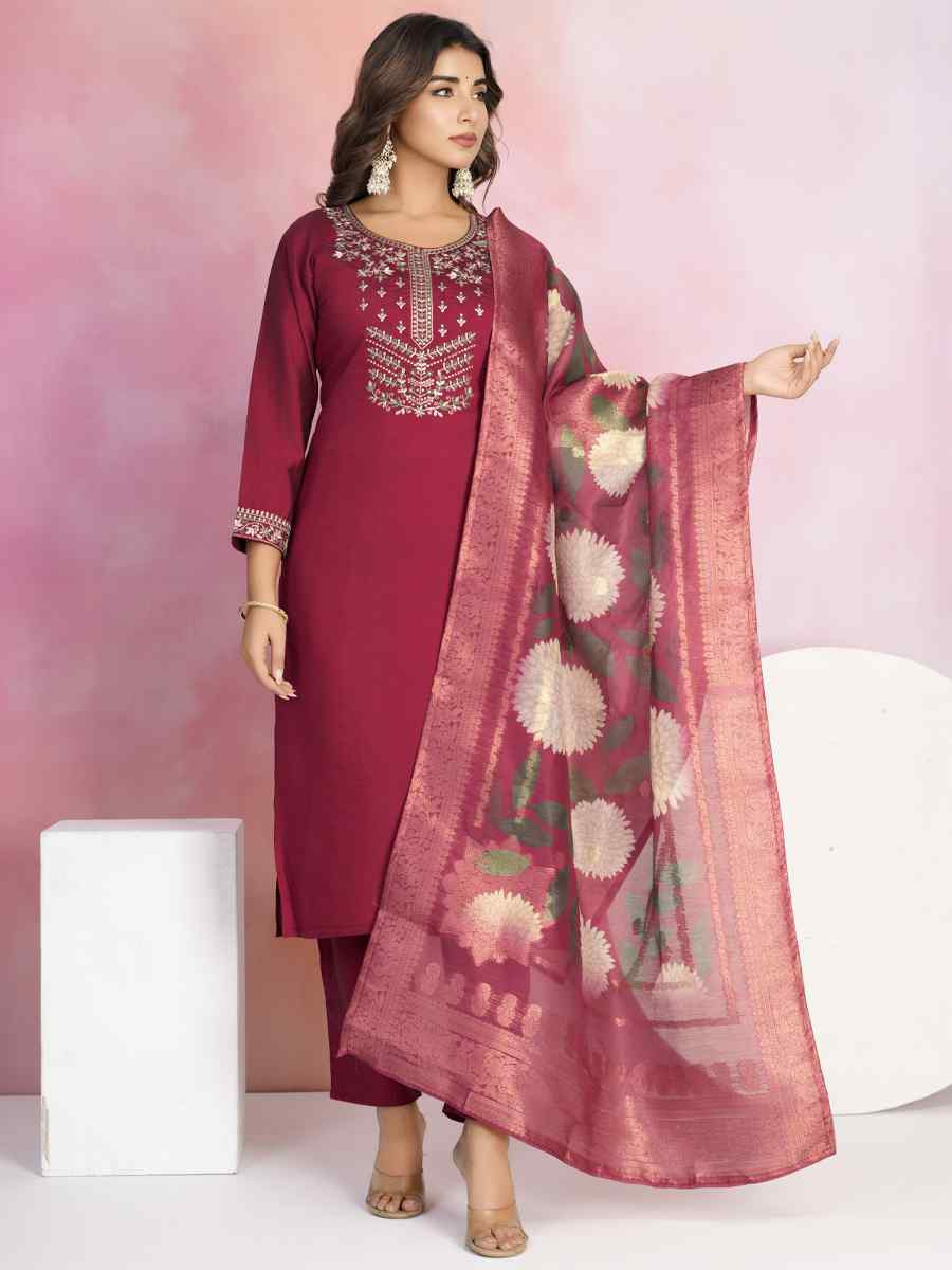 Maroon Viscose Chanderi Embroidered Festival Casual Ready Pant Salwar Kameez