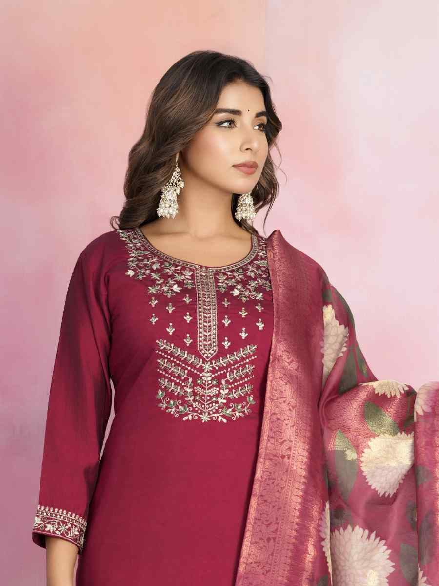 Maroon Viscose Chanderi Embroidered Festival Casual Ready Pant Salwar Kameez