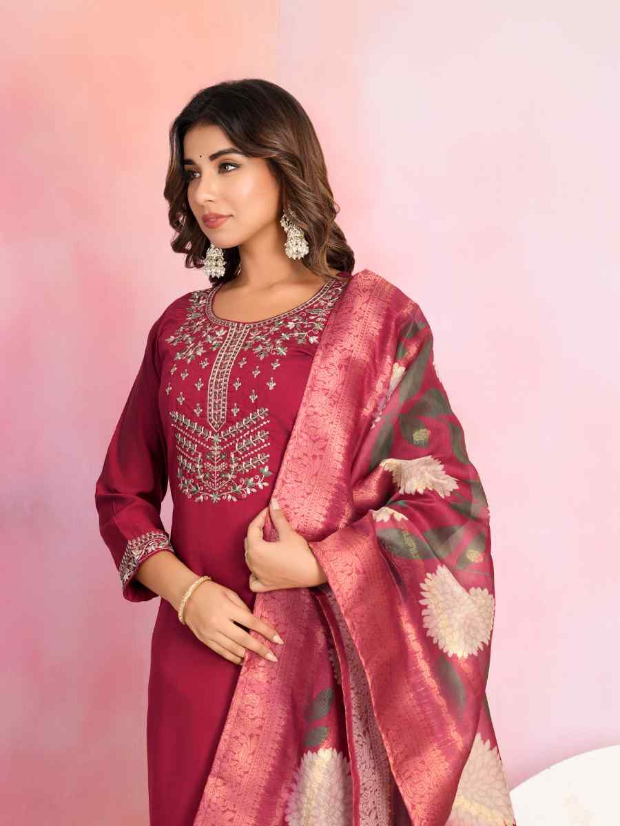 Maroon Viscose Chanderi Embroidered Festival Casual Ready Pant Salwar Kameez