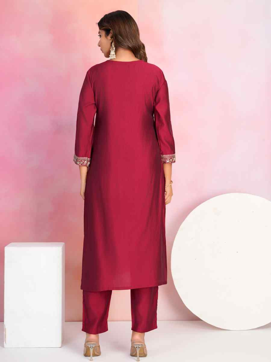 Maroon Viscose Chanderi Embroidered Festival Casual Ready Pant Salwar Kameez