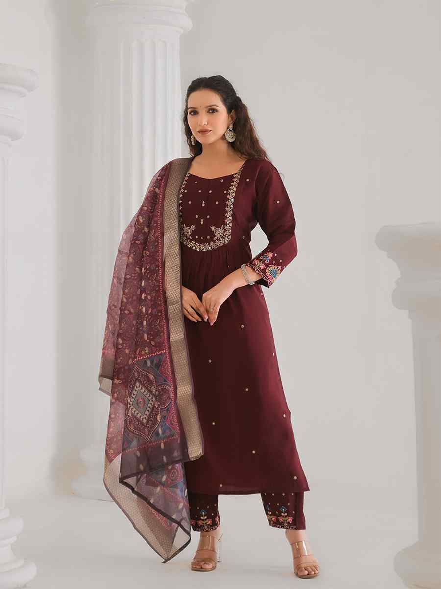 Maroon Viscose Chanderi Embroidered Festival Casual Ready Pant Salwar Kameez