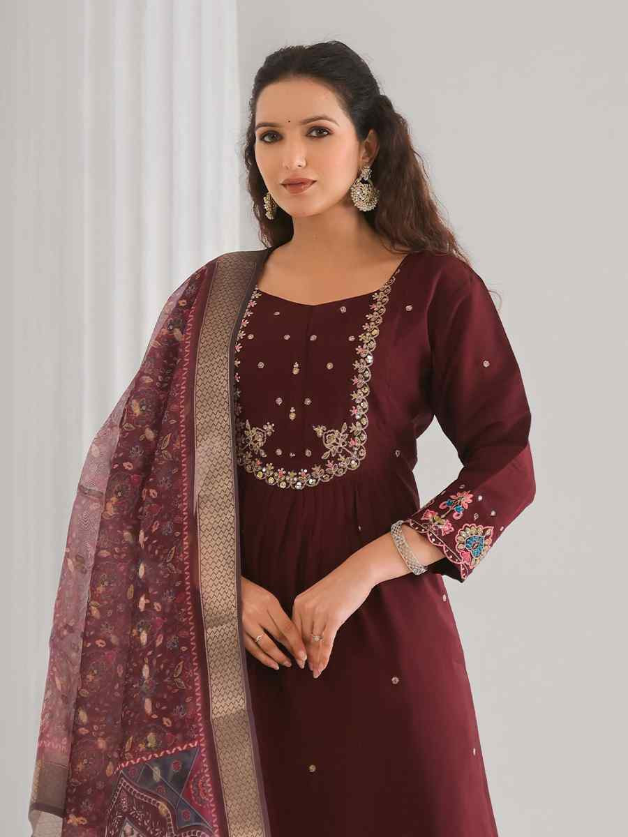 Maroon Viscose Chanderi Embroidered Festival Casual Ready Pant Salwar Kameez