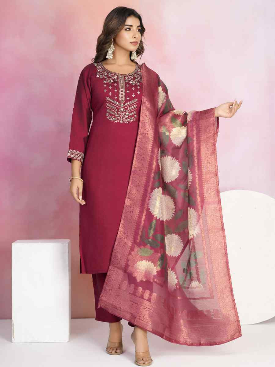 Maroon Viscose Chanderi Embroidered Party Wedding Ready Pant Salwar Kameez
